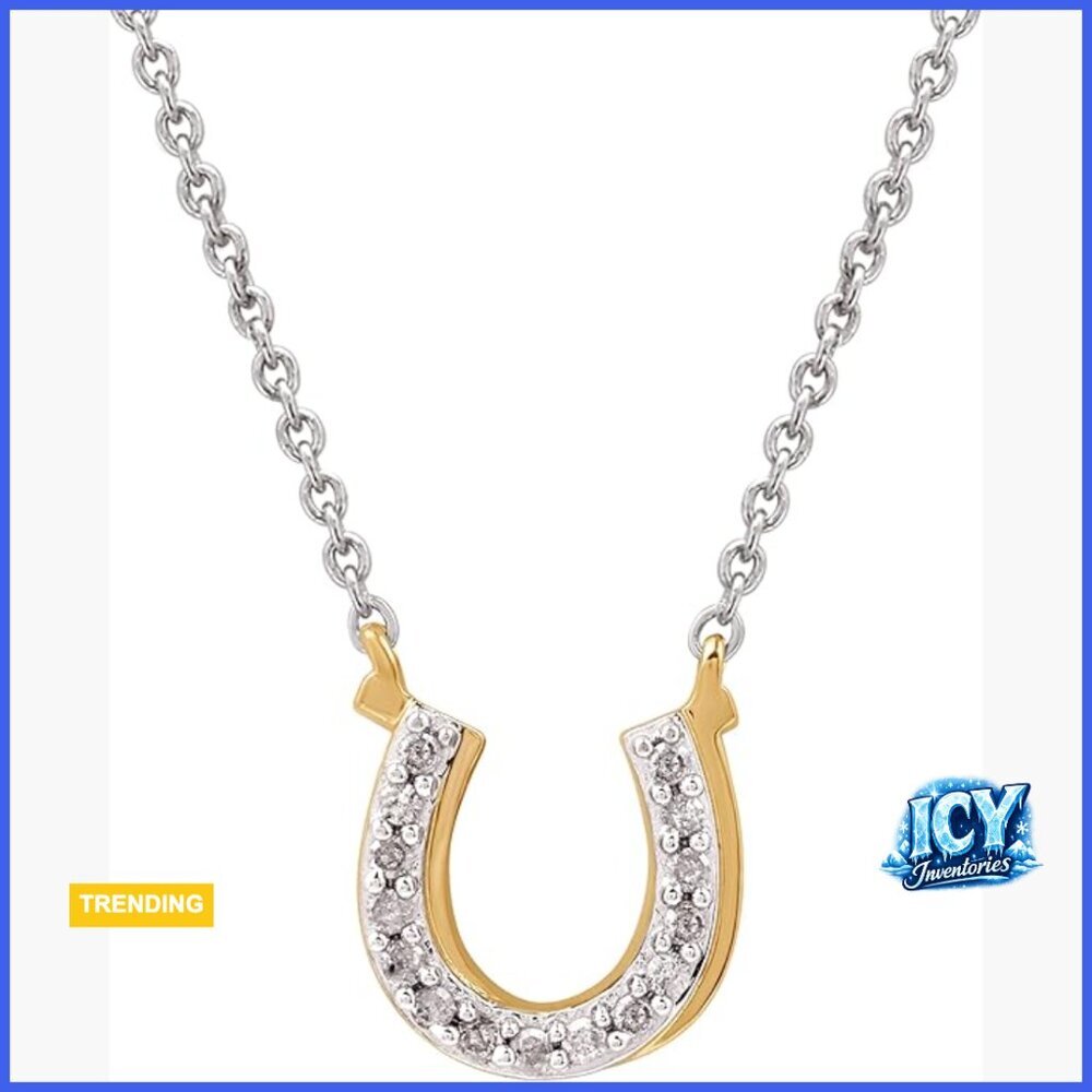 14K Yellow Gold Plated Sterling Silver Diamond Horseshoe Pendant Necklace